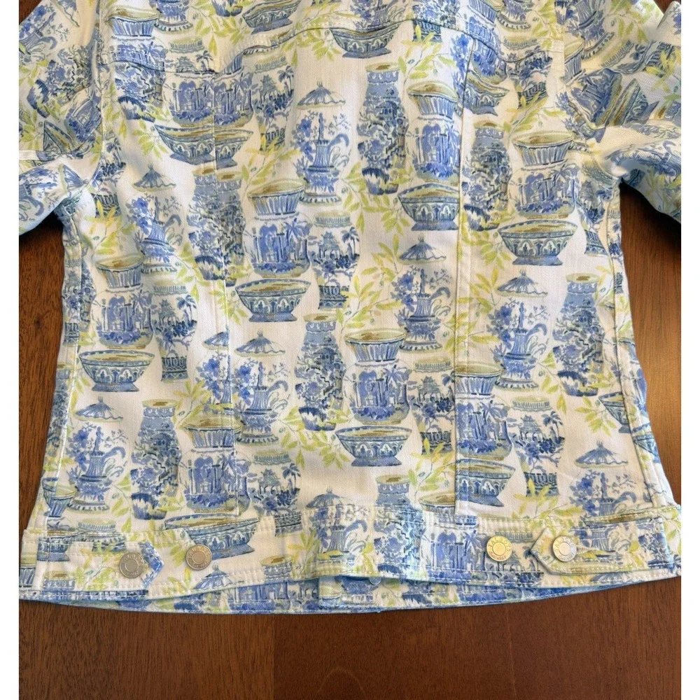 Talbots Printed Jean Jacket XS Blue Green Watercolor Vases Button Front Parisian